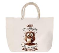 Sac de plage anse corde Sylvie Chouette Grain | Cabas Toile Coton Cadeau Anniversaire Femme Noël Fête des Mères Grand Sac Transport Sport
