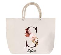 Sac de plage anse corde Sylvie Lettre Fleur | Cabas Toile Coton Cadeau Anniversaire Femme Noël Fête des Mères Grand Sac Transport Sport