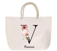 Sac de plage anse corde Vanessa Lettre Fleur | Cabas Toile Coton Cadeau Anniversaire Femme Noël Fête des Mères Grand Sac Transport Sport