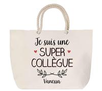 Sac de plage anse corde Vanessa Une Super Collègue | Cabas Toile Coton Cadeau Anniversaire Femme Noël Fête des Mères Grand Sac Transport Sport
