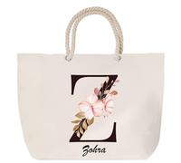 Sac de plage anse corde Zohra Lettre Fleur | Cabas Toile Coton Cadeau Anniversaire Femme Noël Fête des Mères Grand Sac Transport Sport