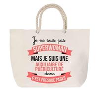 Sac de plage avec anse corde Auxiliaire de Puériculture Superwoman | Toile de Coton Cadeau Femme Grand Sac de Transport & Sport