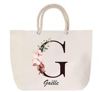 Sac de plage avec anse corde Gaëlle Lettre Fleur | Toile de Coton Cadeau Femme Grand Sac de Transport & Sport