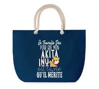 Sac de Plage Bleu avec Anse Corde Akita Inu Travailler Dur pour mon Chien - Toile de Coton - Grand Sac de Transport, Sport, Courses & Travail - Idée Cadeau Original Collègue, Anniversaire