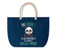 Sac de Plage Bleu avec Anse Corde Belle-Mère Pas Touche Panda - Toile de Coton - Grand Sac de Transport, Sport, Courses & Travail - Idée Cadeau Original Collègue, Anniversaire ou Départ Retraite
