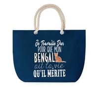 Sac de Plage Bleu avec Anse Corde Bengal Travailler Dur pour mon Chat - Toile de Coton - Grand Sac de Transport, Sport, Courses & Travail - Idée Cadeau Original Collègue, Anniversaire