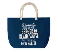 Sac de Plage Bleu avec Anse Corde Berger Blanc Suisse Travailler Dur pour mon Chien - Toile de Coton - Grand Sac de Transport, Sport, Courses & Travail - Idée Cadeau Original Collègue, Anniversaire