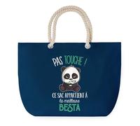 Sac de Plage Bleu avec Anse Corde Besta Pas Touche Panda - Toile de Coton - Grand Sac de Transport, Sport, Courses & Travail - Idée Cadeau Original Collègue, Anniversaire ou Départ Retraite