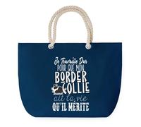 Sac de Plage Bleu avec Anse Corde Border Collie Travailler Dur pour mon Chien - Toile de Coton - Grand Sac de Transport, Sport, Courses & Travail - Idée Cadeau Original Collègue, Anniversaire