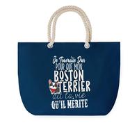 Sac de Plage Bleu avec Anse Corde Boston Terrier Travailler Dur pour mon Chien - Toile de Coton - Grand Sac de Transport, Sport, Courses & Travail - Idée Cadeau Original Collègue, Anniversaire