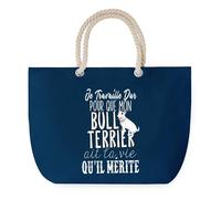 Sac de Plage Bleu avec Anse Corde Bull Terrier Travailler Dur pour mon Chien - Toile de Coton - Grand Sac de Transport, Sport, Courses & Travail - Idée Cadeau Original Collègue, Anniversaire