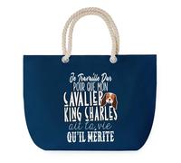 Sac de Plage Bleu avec Anse Corde Cavalier King Charles Travailler Dur pour mon Chien - Toile de Coton - Grand Sac de Transport, Sport, Courses & Travail - Idée Cadeau Original Collègue, Anniversaire