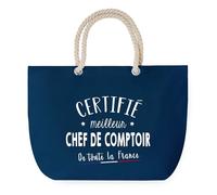 Sac de Plage Bleu avec Anse Corde Certifié meilleur Chef de Comptoir - Toile de Coton - Grand Sac de Sport, Courses & Travail - Idée Cadeau Collègue, Anniversaire, Départ Retraite
