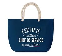 Sac de Plage Bleu avec Anse Corde Certifié meilleur Chef de Service - Toile de Coton - Grand Sac de Sport, Courses & Travail - Idée Cadeau Collègue, Anniversaire, Départ Retraite