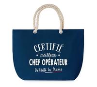 Sac de Plage Bleu avec Anse Corde Certifié meilleur Chef Opérateur - Toile de Coton - Grand Sac de Sport, Courses & Travail - Idée Cadeau Collègue, Anniversaire, Départ Retraite
