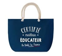 Sac de Plage Bleu avec Anse Corde Certifié meilleur Éducateur - Toile de Coton - Grand Sac de Transport, Sport, Courses & Travail - Idée Cadeau Original Collègue, Anniversaire ou Départ Retraite