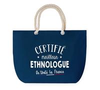 Sac de Plage Bleu avec Anse Corde Certifié meilleur Ethnologue - Toile de Coton - Grand Sac de Transport, Sport, Courses & Travail - Idée Cadeau Original Collègue, Anniversaire ou Départ Retraite