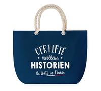 Sac de Plage Bleu avec Anse Corde Certifié meilleur Historien - Toile de Coton - Grand Sac de Transport, Sport, Courses & Travail - Idée Cadeau Original Collègue, Anniversaire ou Départ Retraite