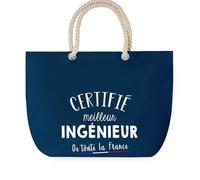 Sac de Plage Bleu avec Anse Corde Certifié meilleur Ingénieur - Toile de Coton - Grand Sac de Transport, Sport, Courses & Travail - Idée Cadeau Original Collègue, Anniversaire ou Départ Retraite