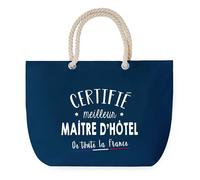 Sac de Plage Bleu avec Anse Corde Certifié meilleur Maître d'Hôtel - Toile de Coton - Grand Sac de Transport, Sport, Courses & Travail - Idée Cadeau Original Collègue, Anniversaire ou Départ Retraite