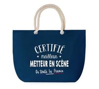 Sac de Plage Bleu avec Anse Corde Certifié meilleur Metteur En Scène - Toile de Coton - Grand Sac de Sport, Courses & Travail - Idée Cadeau Collègue, Anniversaire ou Départ Retraite