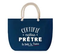 Sac de Plage Bleu avec Anse Corde Certifié meilleur Prêtre - Toile de Coton - Grand Sac de Transport, Sport, Courses & Travail - Idée Cadeau Original Collègue, Anniversaire ou Départ Retraite