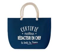 Sac de Plage Bleu avec Anse Corde Certifié meilleur Rédacteur En Chef - Toile de Coton - Grand Sac de Sport, Courses & Travail - Idée Cadeau Collègue, Anniversaire ou Départ Retraite