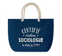 Sac de Plage Bleu avec Anse Corde Certifié meilleur Sociologue - Toile de Coton - Grand Sac de Transport, Sport, Courses & Travail - Idée Cadeau Original Collègue, Anniversaire ou Départ Retraite