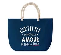 Sac de Plage Bleu avec Anse Corde Certifiée meilleure Amour - Toile de Coton - Grand Sac de Transport, Sport, Courses & Travail - Idée Cadeau Original Collègue, Anniversaire ou Départ Retraite
