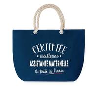 Sac de Plage Bleu avec Anse Corde Certifiée meilleure Assistante Maternelle - Toile de Coton - Grand Sac de Sport, Courses & Travail - Idée Cadeau Original Collègue, Anniversaire ou Départ Retraite