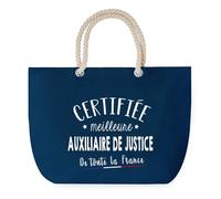 Sac de Plage Bleu avec Anse Corde Certifiée meilleure Auxiliaire de Justice - Toile de Coton - Grand Sac de Sport, Courses & Travail - Idée Cadeau Original Collègue, Anniversaire ou Départ Retraite