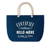 Sac de Plage Bleu avec Anse Corde Certifiée meilleure Belle-Mère - Toile de Coton - Grand Sac de Transport, Sport, Courses & Travail - Idée Cadeau Original Collègue, Anniversaire ou Départ Retraite