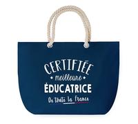 Sac de Plage Bleu avec Anse Corde Certifiée meilleure Éducatrice - Toile de Coton - Grand Sac de Transport, Sport, Courses & Travail - Idée Cadeau Original Collègue, Anniversaire ou Départ Retraite