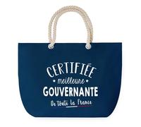 Sac de Plage Bleu avec Anse Corde Certifiée meilleure Gouvernante - Toile de Coton - Grand Sac de Transport, Sport, Courses & Travail - Idée Cadeau Original Collègue, Anniversaire ou Départ Retraite