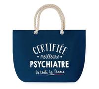 Sac de Plage Bleu avec Anse Corde Certifiée meilleure Psychiatre - Toile de Coton - Grand Sac de Transport, Sport, Courses & Travail - Idée Cadeau Original Collègue, Anniversaire ou Départ Retraite