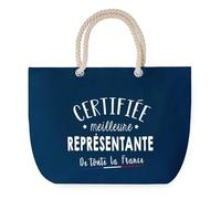Sac de Plage Bleu avec Anse Corde Certifiée meilleure Représentante - Toile de Coton - Grand Sac de Sport, Courses & Travail - Idée Cadeau Collègue, Anniversaire, Départ Retraite