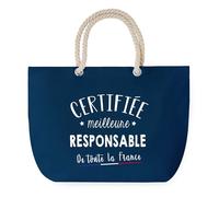 Sac de Plage Bleu avec Anse Corde Certifiée meilleure Responsable - Toile de Coton - Grand Sac de Transport, Sport, Courses & Travail - Idée Cadeau Collègue, Anniversaire ou Départ Retraite