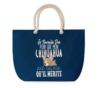 Sac de Plage Bleu avec Anse Corde Chihuahua Travailler Dur pour mon Chien - Toile de Coton - Grand Sac de Transport, Sport, Courses & Travail - Idée Cadeau Original Collègue, Anniversaire