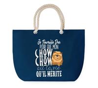 Sac de Plage Bleu avec Anse Corde Chow Chow Travailler Dur pour mon Chien - Toile de Coton - Grand Sac de Transport, Sport, Courses & Travail - Idée Cadeau Original Collègue, Anniversaire