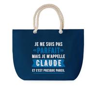 Sac de Plage Bleu avec Anse Corde Claude Parfait - Toile de Coton - Grand Sac de Transport, Sport, Courses & Travail - Idée Cadeau Original Collègue, Anniversaire ou Départ Retraite