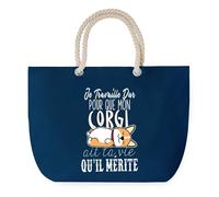 Sac de Plage Bleu avec Anse Corde Corgi Travailler Dur pour mon Chien - Toile de Coton - Grand Sac de Transport, Sport, Courses & Travail - Idée Cadeau Original Collègue, Anniversaire