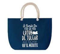 Sac de Plage Bleu avec Anse Corde Coton de Tulear Travailler Dur pour mon Chien - Toile de Coton - Grand Sac de Transport, Sport, Courses & Travail - Idée Cadeau Original Collègue, Anniversaire