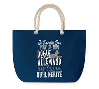 Sac de Plage Bleu avec Anse Corde Dogue Allemand Travailler Dur pour mon Chien - Toile de Coton - Grand Sac de Transport, Sport, Courses & Travail - Idée Cadeau Original Collègue, Anniversaire