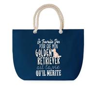 Sac de Plage Bleu avec Anse Corde Golden Retriever Travailler Dur pour mon Chien - Toile de Coton - Grand Sac de Transport, Sport, Courses & Travail - Idée Cadeau Original Collègue, Anniversaire