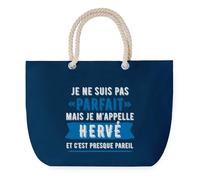Sac de Plage Bleu avec Anse Corde Hervé Parfait - Toile de Coton - Grand Sac de Transport, Sport, Courses & Travail - Idée Cadeau Original Collègue, Anniversaire ou Départ Retraite