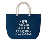 Sac de Plage Bleu avec Anse Corde Hervé Retraite - Toile de Coton - Grand Sac de Transport, Sport, Courses & Travail - Idée Cadeau Original Collègue, Anniversaire ou Départ Retraite