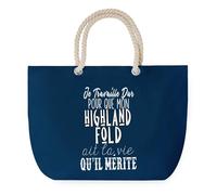 Sac de Plage Bleu avec Anse Corde Highland Fold Travailler Dur pour mon Chat - Toile de Coton - Grand Sac de Transport, Sport, Courses & Travail - Idée Cadeau Original Collègue, Anniversaire