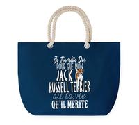 Sac de Plage Bleu avec Anse Corde Jack Russell Terrier Travailler Dur pour mon Chien - Toile de Coton - Grand Sac de Transport, Sport, Courses & Travail - Idée Cadeau Original Collègue, Anniversaire