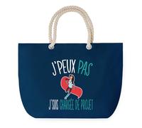 Sac de Plage Bleu avec Anse Corde J'peux Pas Chargée de Projet - Toile de Coton - Grand Sac de Transport, Sport, Courses & Travail - Idée Cadeau Original Collègue, Anniversaire ou Départ Retraite