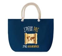 Sac de Plage Bleu avec Anse Corde J'peux Pas Géographie - Toile de Coton - Grand Sac de Transport, Sport, Courses & Travail - Idée Cadeau Original Collègue, Anniversaire ou Départ Retraite